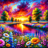 Sunset Riverbank Flower Sea — 5D Full Drill Diamond Painting Kit | Scenic Landscape Wall Art