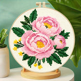 Floral Series Printed Cross Stitch Kit — Peony, Tulip & Daisy | 11CT Beginner Set | 3-Strand Thread | Home Décor Gift