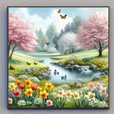 Completed landscape diamond painting wall art display