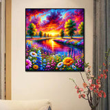 Sunset Riverbank Flower Sea — 5D Full Drill Diamond Painting Kit | Scenic Landscape Wall Art