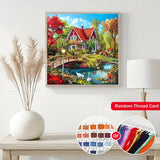Red Villa Bridge Water Flower Landscape Cross-Stitch Kit 36x36cm