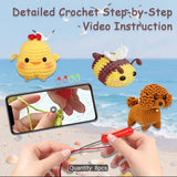 Completed amigurumi animals from 8-design crochet kit