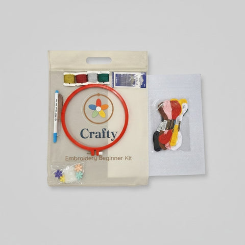 CRAFTY Embroidery Starter Kit Deluxe — Hoop, Aida Fabric, Metallic Threads & Accessories