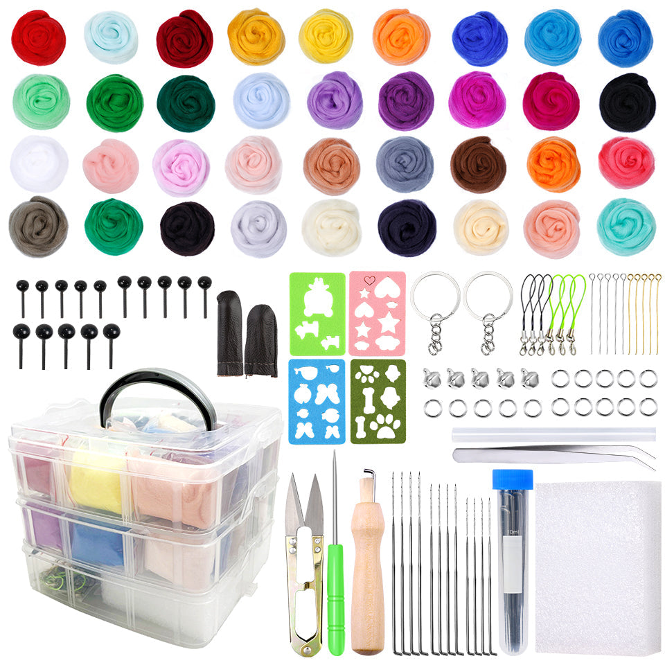 36 Colors Wool Roving Felting Needles Set With Finger Cot 3 Sizes Felting Needles Foam Pad DIY Beginner Craft Tools Kit